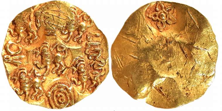 Telugu Chodas of Nellore, Gold Gadyana, 3.44g, Punch-marked type with nine symbols, 1x ‘El