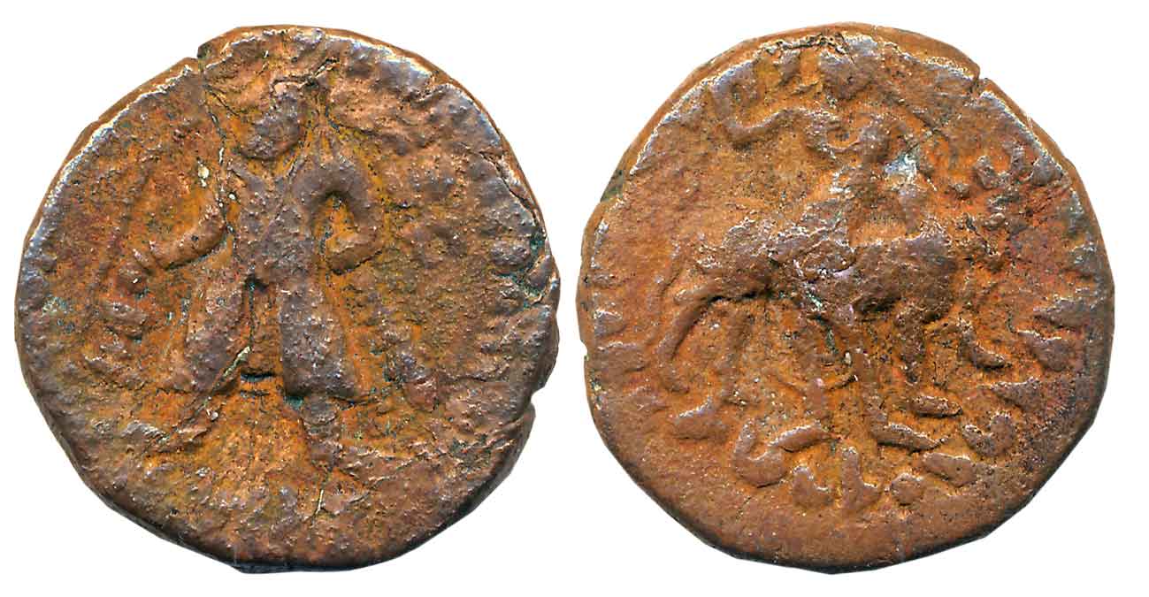 Kushans, Wima Kadphises, Copper, 16.0g, “Shiva-Nandi bilingual” type, Obv: King standing f
