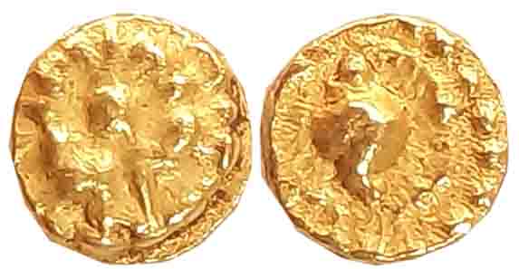 Chalukyas of Badami, Anonymous, Gold Fanam, 0.54g, Obv: Eight petal lotus, Rev: Conch with