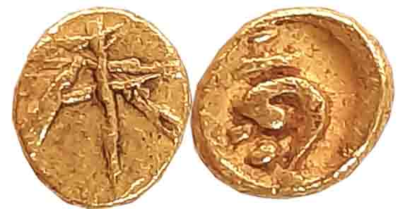 Chalukyas of Badami, Anonymous, Gold Fanam, 0.43g, Obv: Parasol, Rev: Conch within a beade