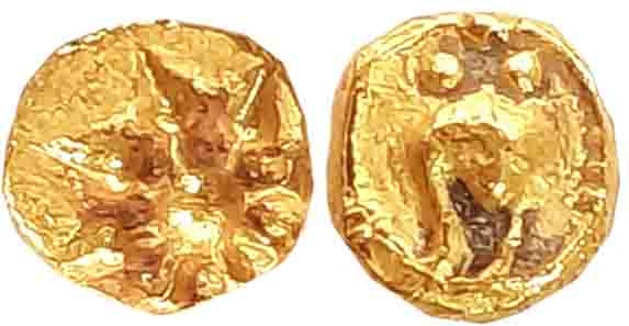 Chalukyas of Badami, Anonymous, Gold Fanam, 0.37g, Obv: Eight petal lotus, Rev: Conch with
