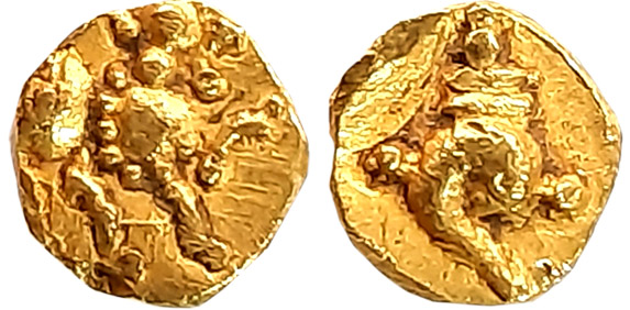 Chalukyas of Kalyana, anonymous, Gold Fanam 0.38g, Obv: Lion with raised forepaw, facing r