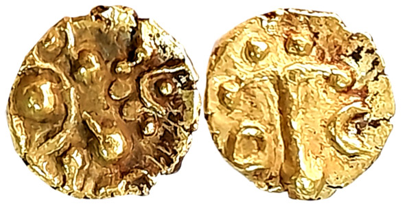 Chalukyas of Kalyana, Gold Fanam, 0.36g, Obv: Lion standing facing right with raised paw, 
