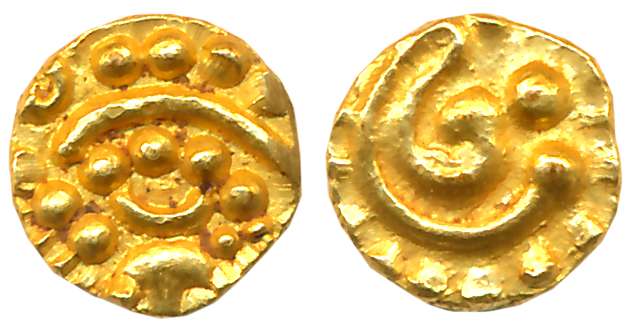 Chalukyas of Badami, Gold Fanam, 0.38g, Obv: Lotus, Rev: Floral scroll. Extremely rare.