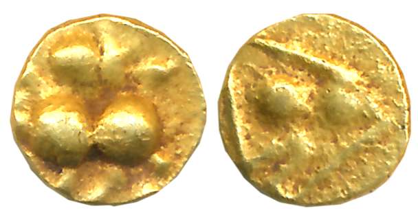 Chalukyas of Kalyana, Gold Fanam, 0.35g, Obv: Lion to left with raised paw, Rev: Temple sy
