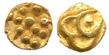 Chalukyas of Kalyana, Gold 1/4 Fanam, 0.08g, Obv: Lion standing facing right with a raised