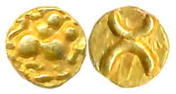 Chalukyas of Kalyana, Unattributed Gold 1/4 Fanam, 0.10g. Obv: Lion facing right. Rev: Kan