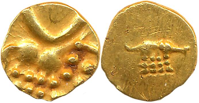Hoysalas of Dwarasamudra, Gold Fanam, 0.36g, Obv: Lion to right crescent above, Rev: Boar 