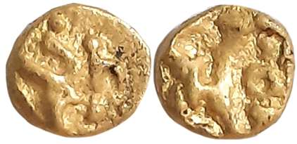 Shilaharas of Karahad- Wai/ Karhad region, Gold 1/4 Fanam, 0.13g, Obv: Garuda holding snak