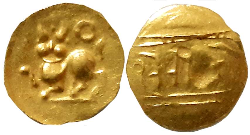 Yadavas of Devagiri, Ramachandra Deva, Gold Hana or Fanam, 0.19g. Obv: Lion standing with 