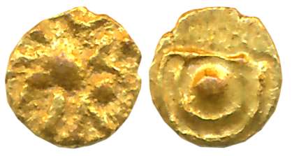 Kakatias of Warangal, Anonymous, Gold 1/4 Fanam, 0.09g, Obv: Boar Varaha to right, Sun and
