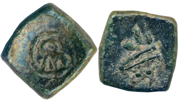 Chudasamas of Gujarat, Copper, 3.47g, “Goddess” type, Obv: Crude depiction of Goddess- Dei