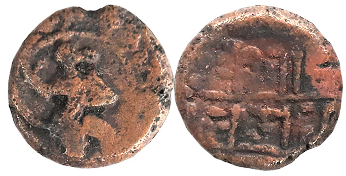 Vijaynagar Empire, Harihara I, Copper, 3.29g, Obv: Lord Hanuman facing to right with uprai