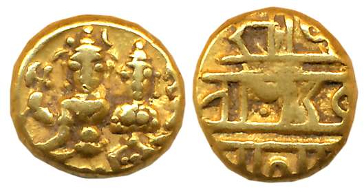 Vijaynagar Empire, Devaraya I, Gold Varaha, 3.38g, Obv: Lord Shiva with Goddess Parvati se