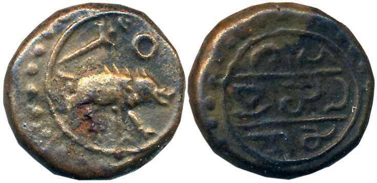 Vijaynagar Empire, Tirumalaraya, Copper, 3.55g “Boar” type, Obv: Boar walking to right, Su