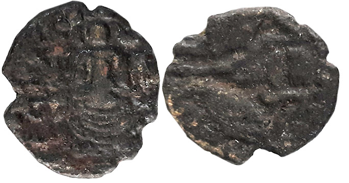 Later Pandyas of Madurai, Copper, 1.14g, Obv: Seated Deity surrounded by legend partially 