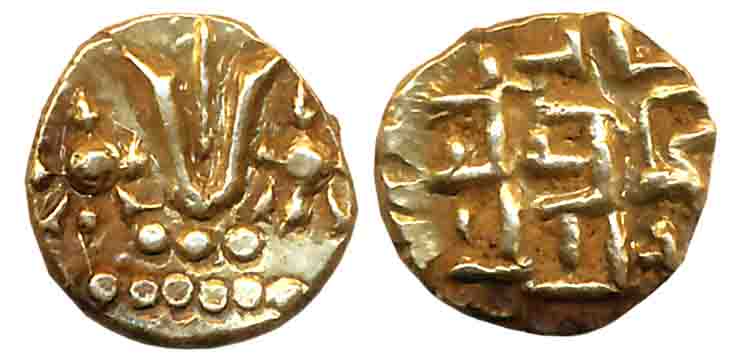 Nayaks of Thanjavur, Gold Fanam, 0.38g, Obv: Vaishnavita symbol in center, Tortoise on bot