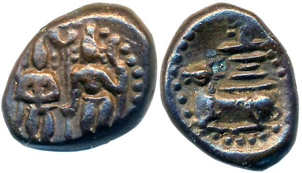 Nayaks of Thanjavur, Copper, 3.15g, Obv: Lord Rama and Sita standing within dotted circle,