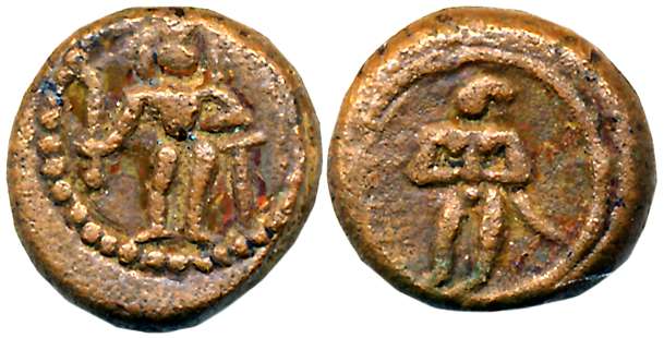 Nayaks of Thanjavur, Copper, 2.94g, Obv: Rajagopalswamy standing facing to front, Rev: Kin