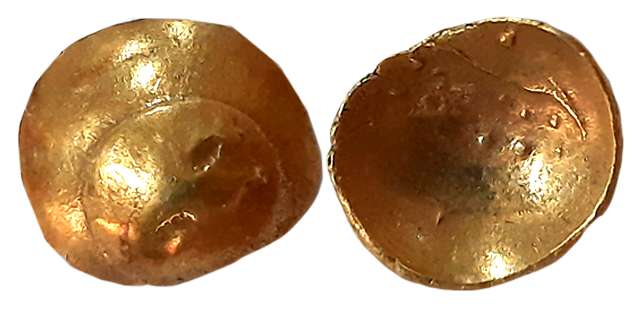 South India, Cup shape Gold Fanam, 0.35g, Goddess Kali on obverse. Very fine.