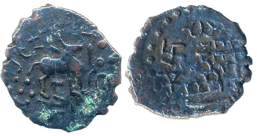 Ancient Tribal, Kunindas, Amoghabhuti, Copper, 2.06g, Obv: Deer standing facing right, God