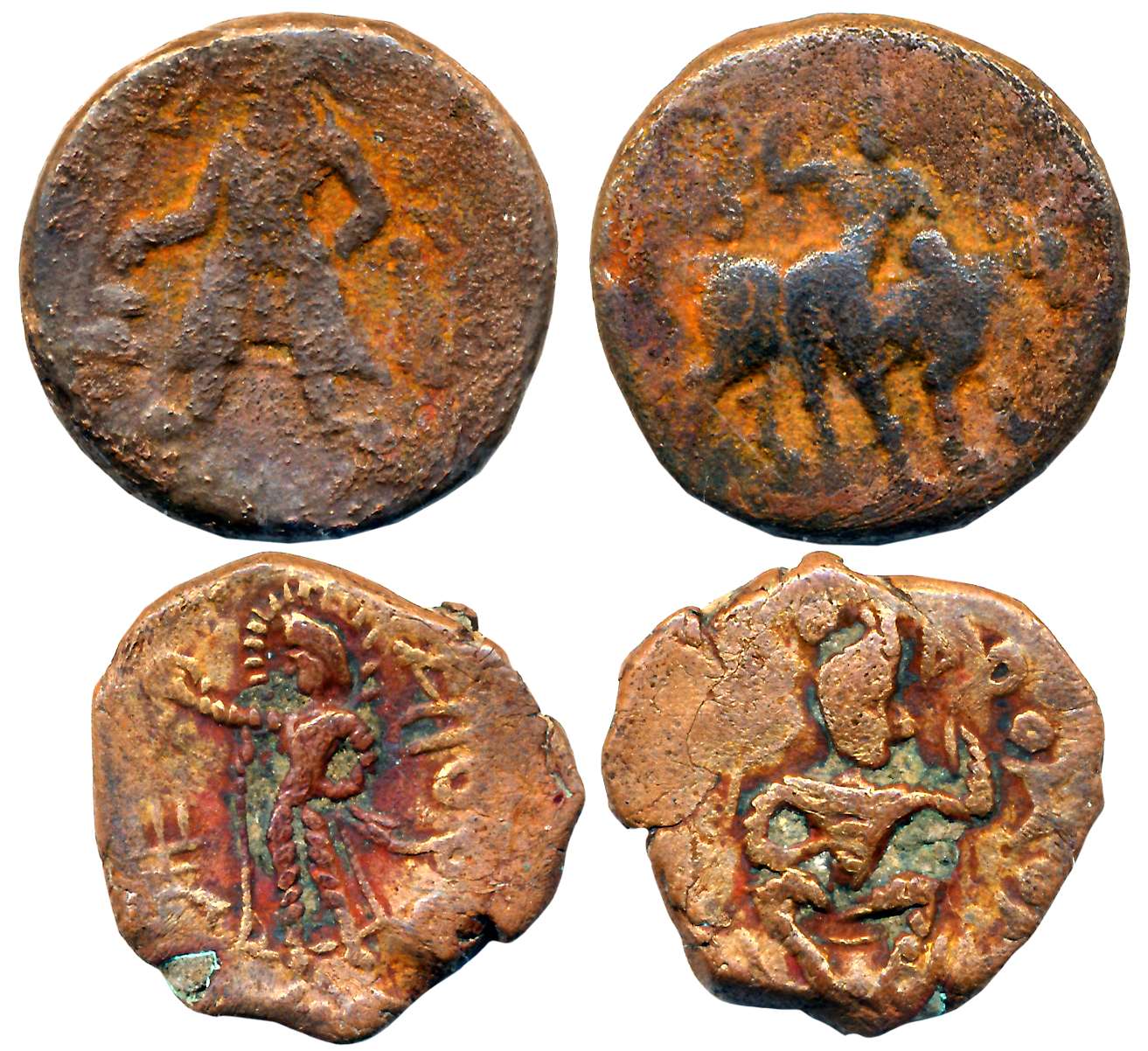 Kushans, Copper (2), 16.49g, 8.74g, Wima Kadphises, “Shiva-Nandi bilingual” type, & Huvish
