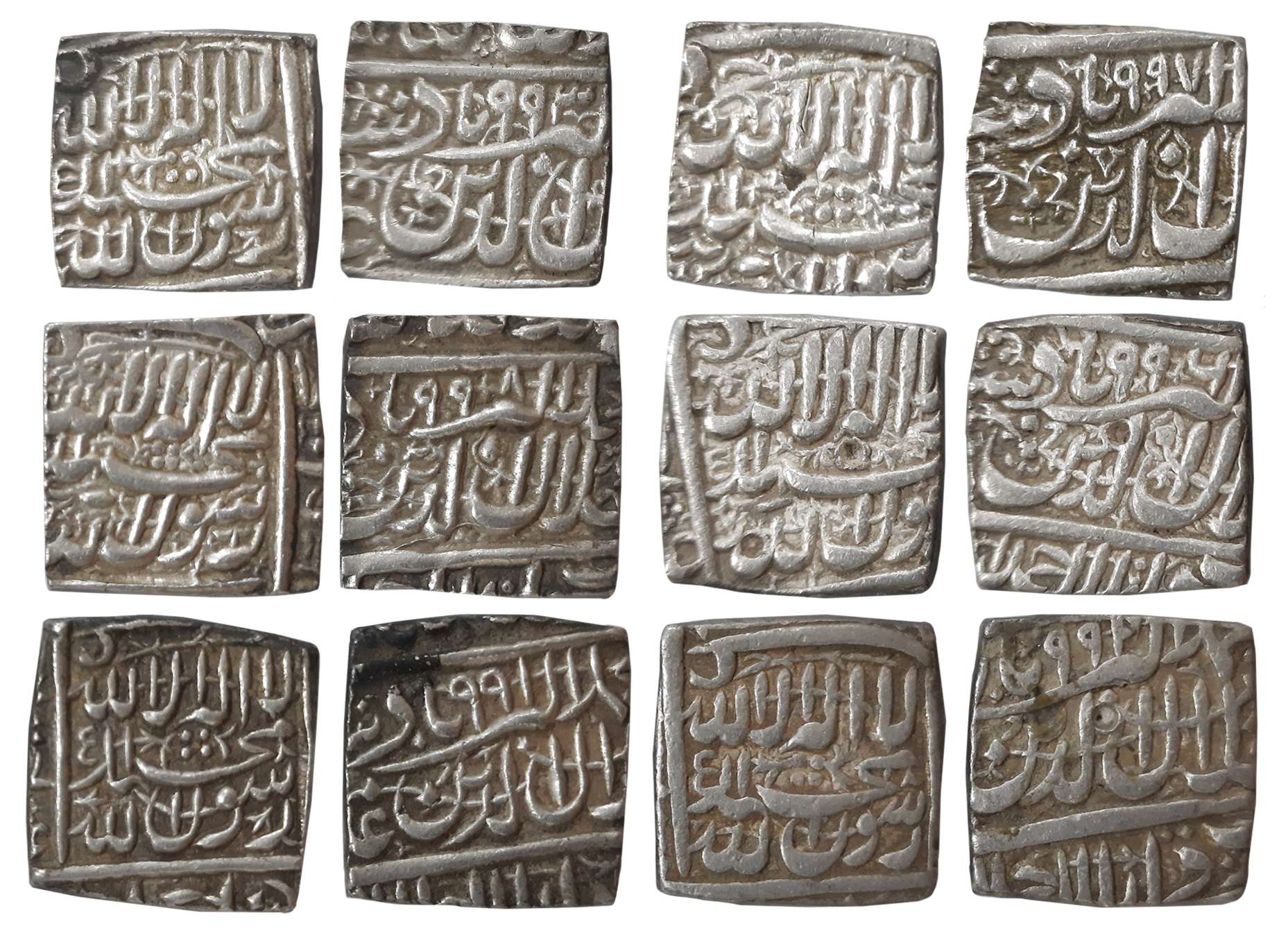 Akbar, Silver Square Rupees (6), “Kalima” type, Dar ul Sultanate Ahmedabad Mint, AH 991, A