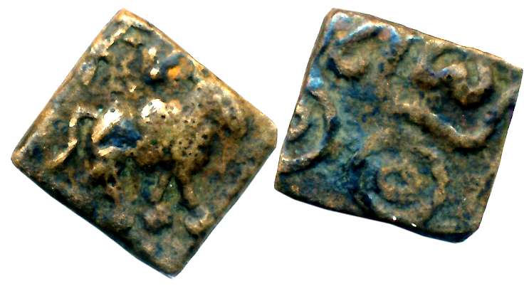 Sebakas of Vidarbha Region, Sebak, Copper, 1.99g, Obv: Bull walking to right, traces of ot