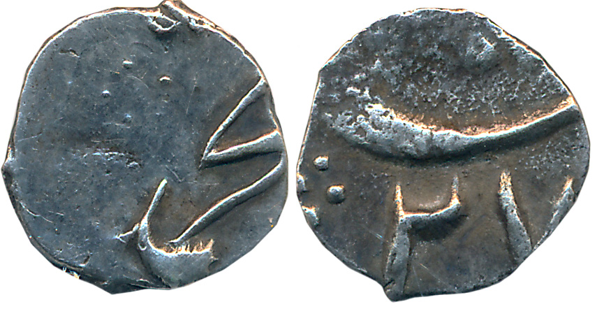 Muhammad Shah, Silver 1/32 Rupee, 0.31g, Khujista Bunyad Mint, RY 27 (KM# A431). Very fine