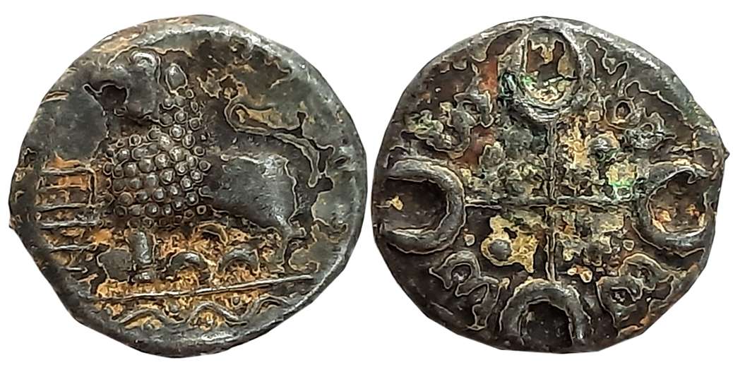 Satvahanas, Siri Satvahanas, Alloyed Copper, 4.32g, “Junnar Lion” type, Obv: Lion standing