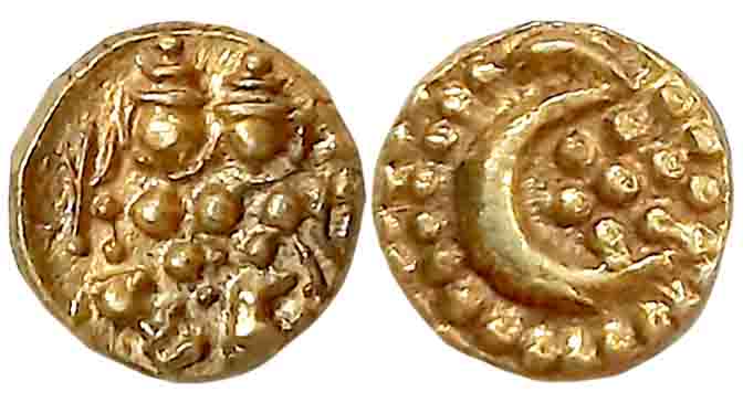 Haider Ali, Gold Fanam, 0.38g, Obv: Lord Shiva Parvati seated, Rev: Persian letter “He” fo