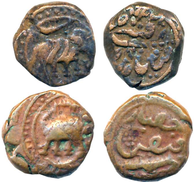 Tipu Sultan, Copper 1/4 Paisa (2), 2.79g, 2.55g, Faiz Hisar Mint (KM# 41.2, 41.5). Very fi