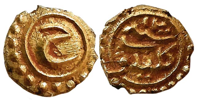 Tipu Sultan, Gold Fanam, 0.38g, Kalikut Mint, AH 1200 (KM# 78). Very fine+.