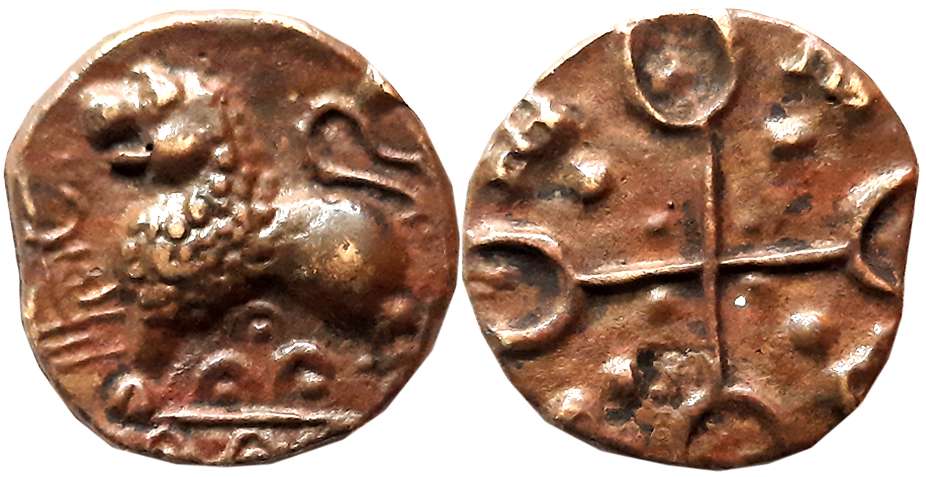 Satvahanas, Alloyed Copper, 2.60g, “Junnar Lion” Type, Obv: Lion standing to left with thr