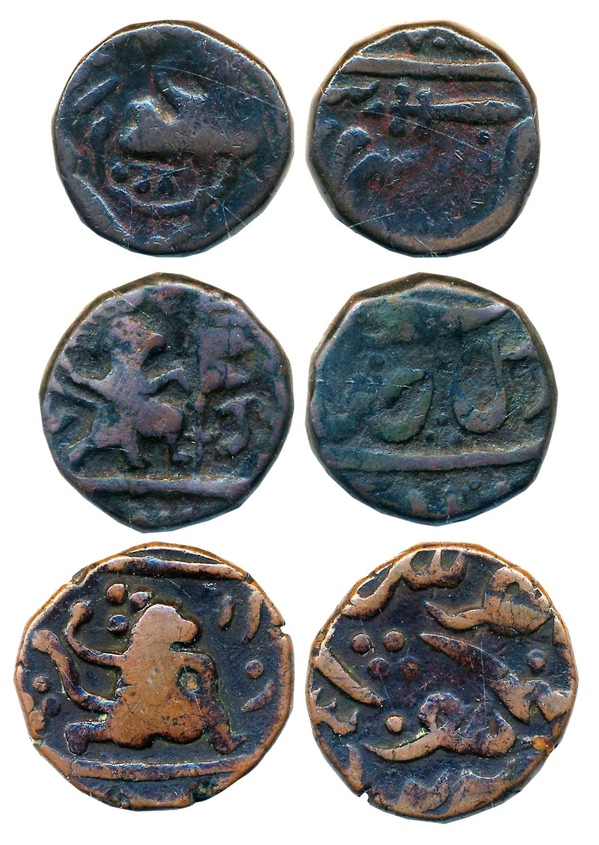 Copper Paisa (3), 13.61g, 13.44g, 13.42g, Lord Hanuman running right. Very fine. 3 coins.