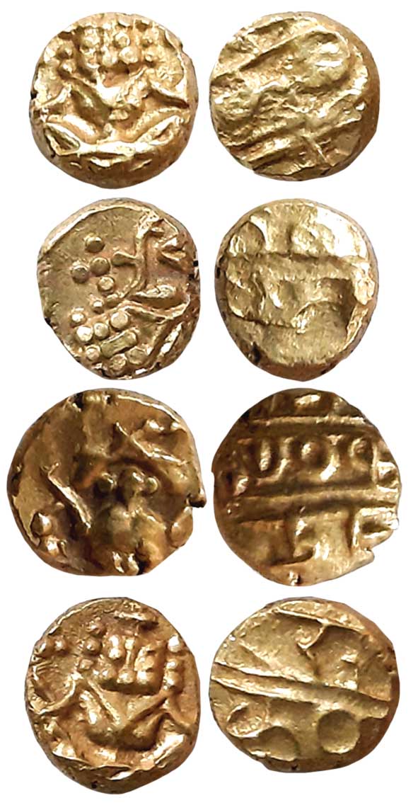 Gold Narsimha Fanam (4), 0.38g, 0.38g, 0.38g, 0.38g, Obv: Lord Narsimha, Rev: Legend (KM# 