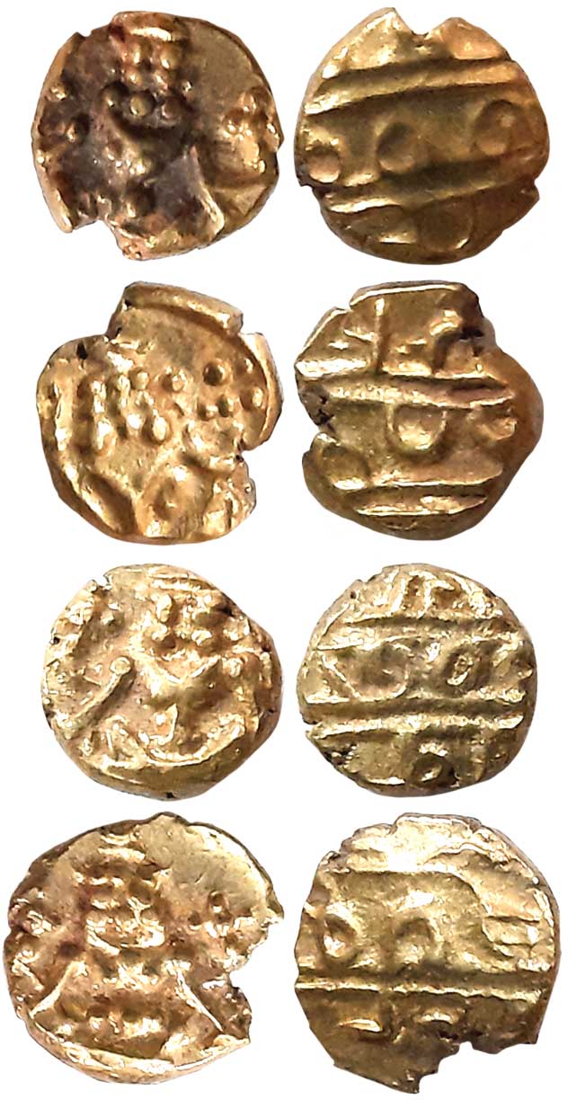 Gold Narsimha Fanam (4), 0.38g, 0.38g, 0.38g, 0.38g, Obv: Lord Narsimha, Rev: Legend (KM# 