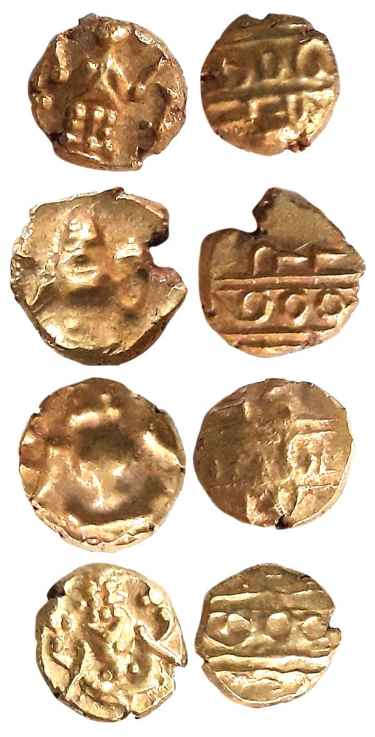 Gold Narsimha Fanam (4), 0.38g, 0.38g, 0.38g, 0.38g, Obv: Lord Narsimha, Rev: Legend (KM# 