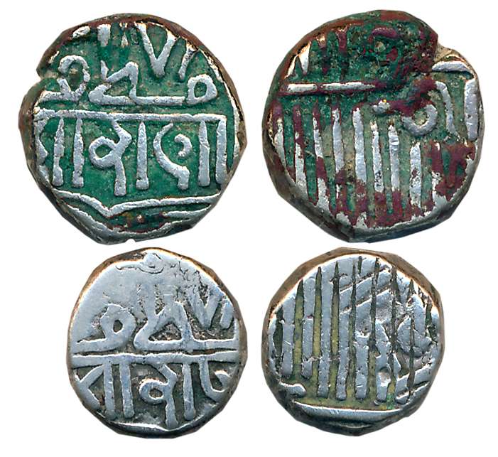 Silver Kori & 1/2 Kori, 4.84g, 2.31g, in the name of Muzaffar Shah III (KM# C38, 37). Very