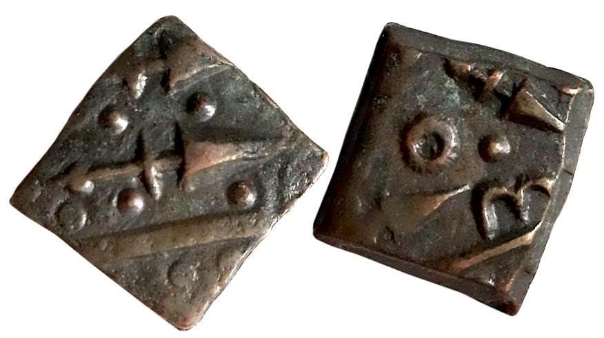 Copper Square Paisa, 3.73g, Spears on both sides (KM# 4). Extremely fine.