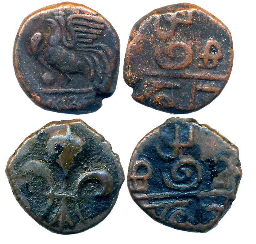 Pondicherry, Copper Doudou (2), 4.04g, 3.36g, Obv: Rooster, Rev: Tamil legend “Pudu cheri”