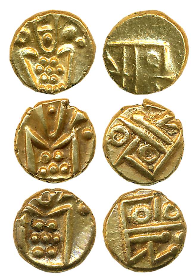 Gold Fanam (3), 0.35g, 0.34g, 0.34g, Obv: Crude form of Goddess Kali, Rev: Legend. Very fi
