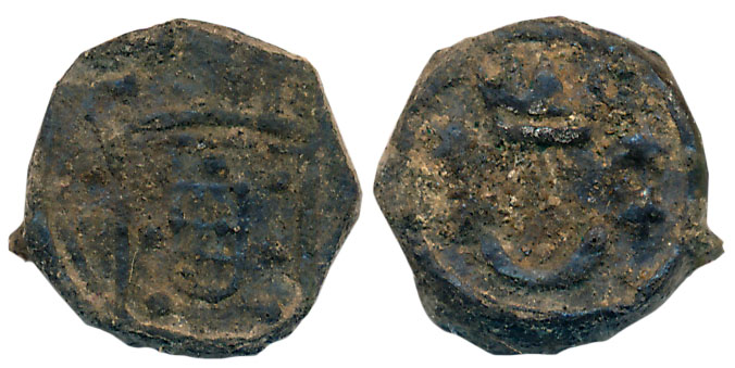 Cochin, Lead Bazarucos, 2.32g, Obv: Crowned arm divides latter C / O, Rev: Crown (Not list