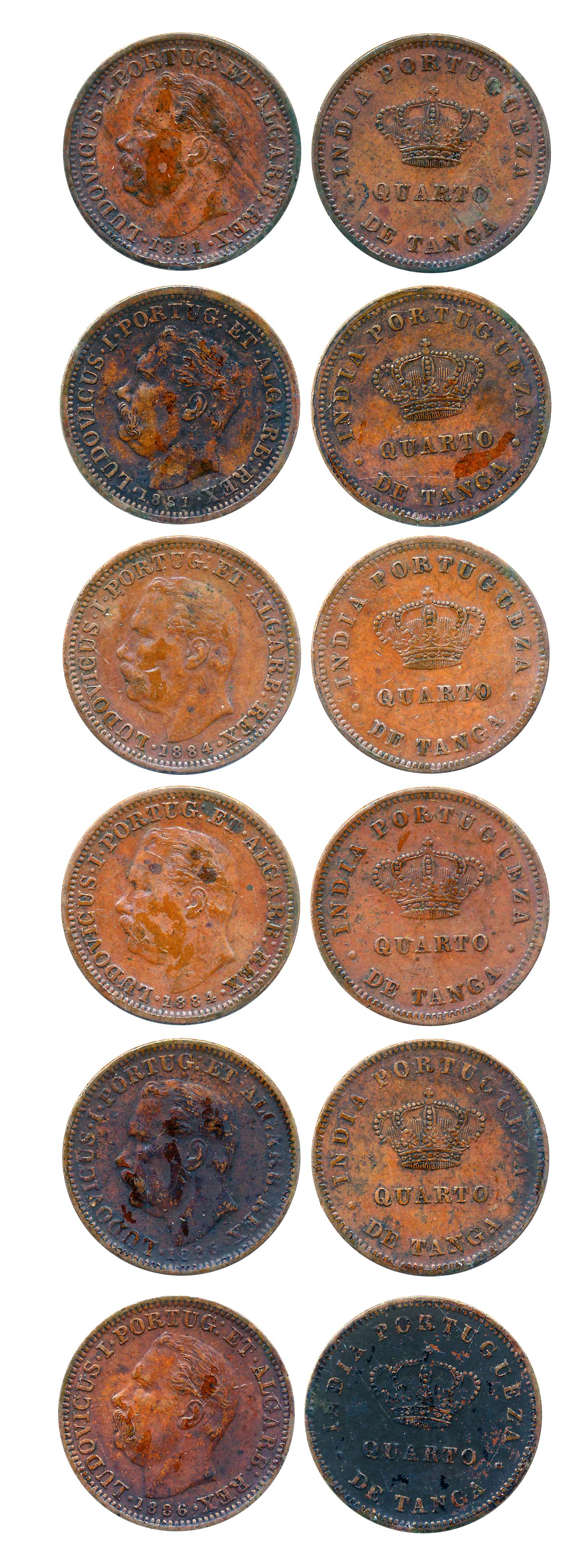 Luiz, Copper Quarto or 1/4 Tanga (6), different dates, 1881(2), 1884(2), 1886(2), Colonial