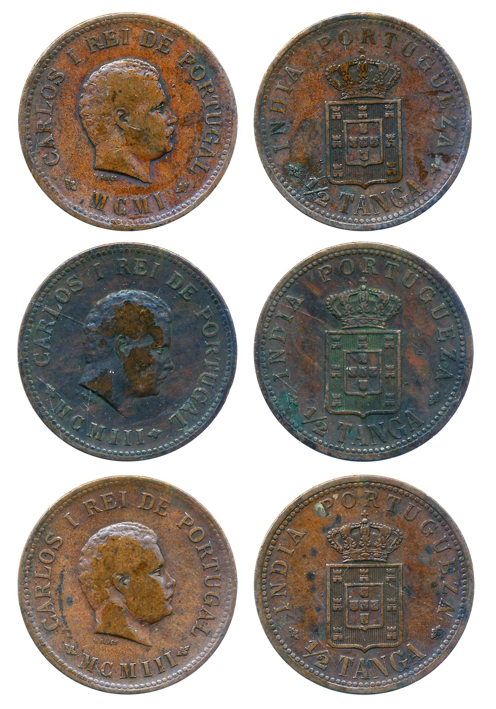 Carlos, Copper 1/2 Tanga (30 Reis), 12.33g, 12.31g, 12.22g, 1901. Very fine. 3 coins.
