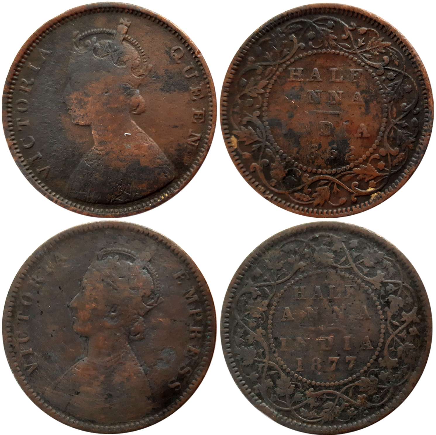 Victoria Queen, Copper 1/2 Anna (2), 1862 & 1877. Fine. 2 coins.