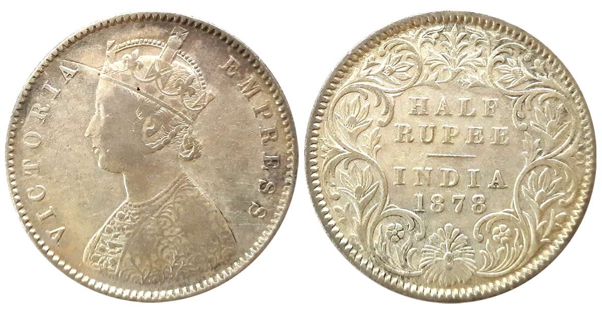 Victoria Empress, Silver 1/2 Rupee, 1878. Very fine.