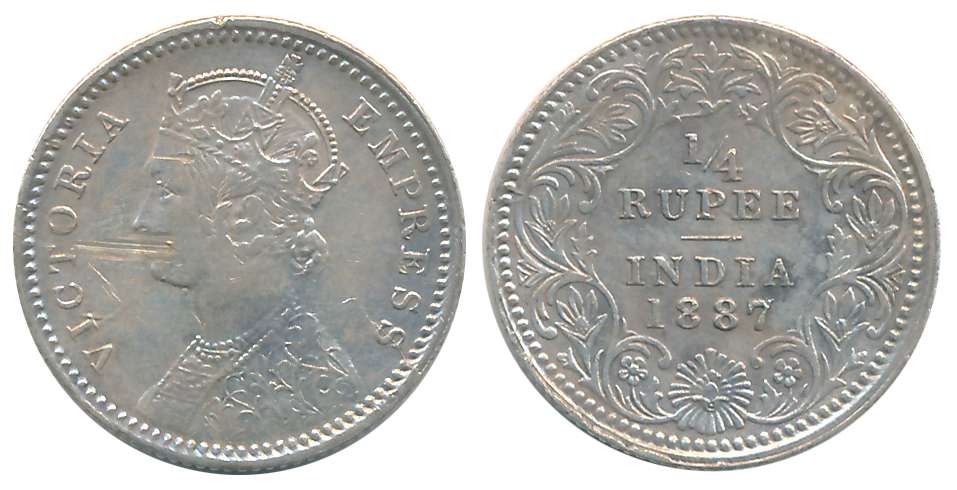 Victoria Empress, Silver 1/4 Rupee, 1887, Calcutta Mint. Scratch marks on obverse. Fine+.