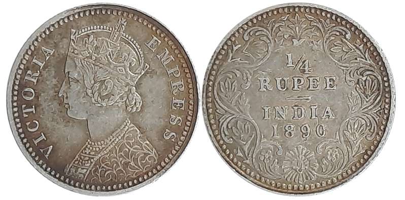 Victoria Empress, Silver 1/4 Rupee, 1890. Very fine+.