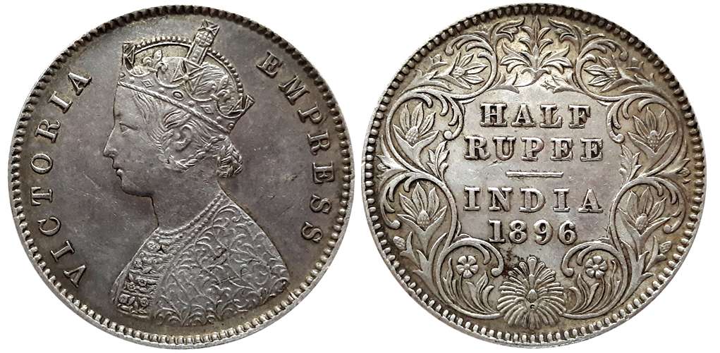 Victoria Empress, Silver 1/2 Rupee, 1896, Calcutta Mint, A/I. About extremely fine.